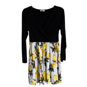 YesLife Women's Long Sleeve Surplice Neckline Dress Lemon Print Skirt Size Large